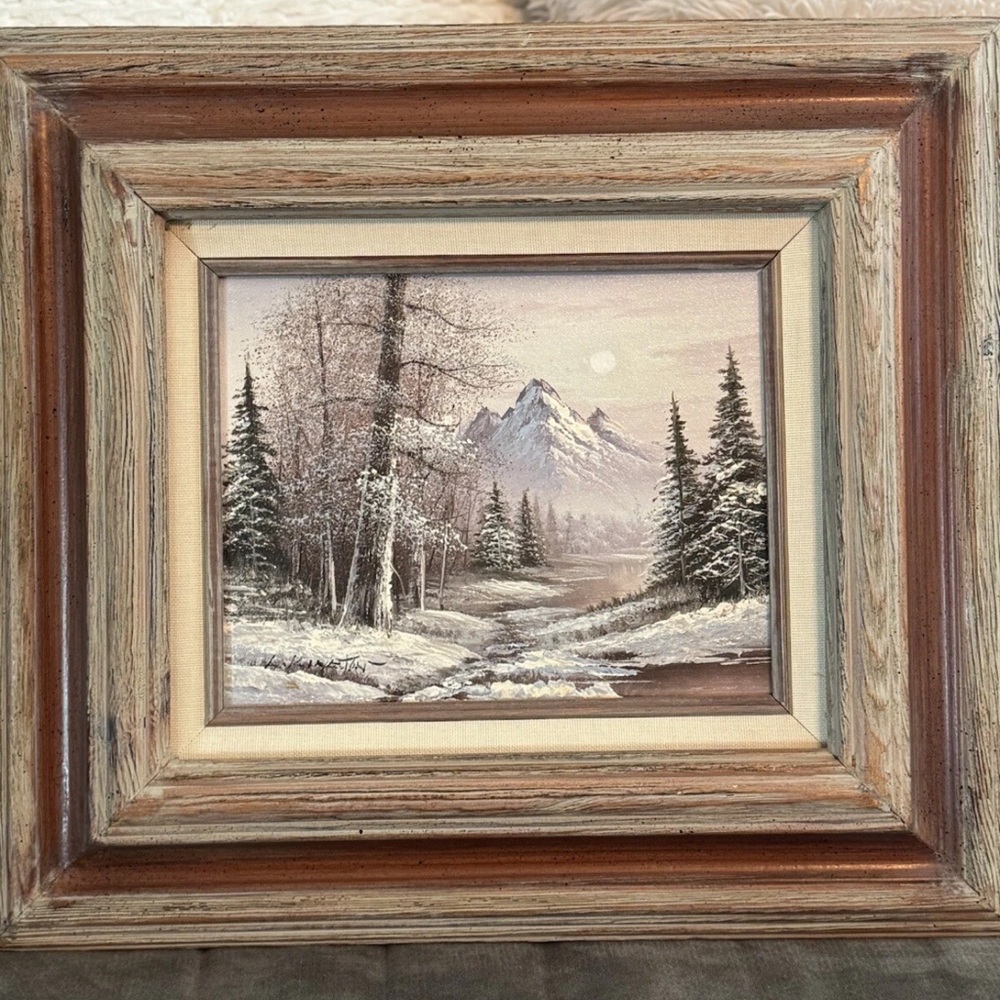 Vtg Snow Winter mountains Portrait Oil Painting On Board Signed 18 x 16 Cabin